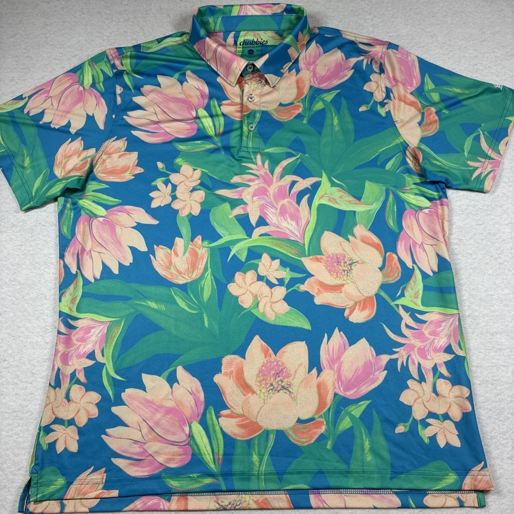 Chubbies The Weekend Has Arrived Performance Polo Shirt Tropical Floral XXL 2XL